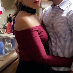 Red satin off the shoulder bodysuit